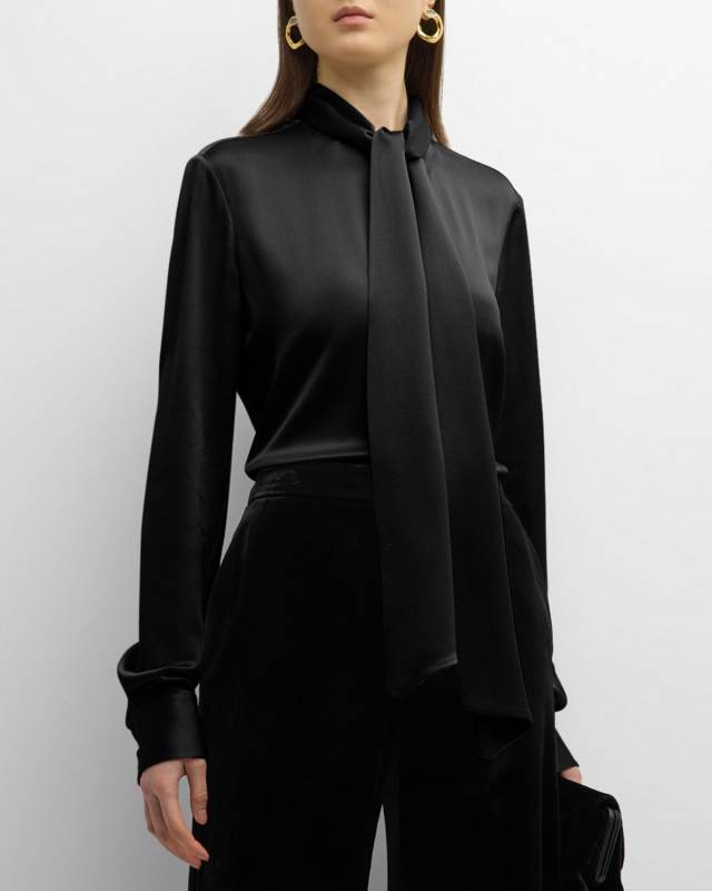 x Atelier Jolie Scarf-Neck Long-Sleeve Silk Blouse